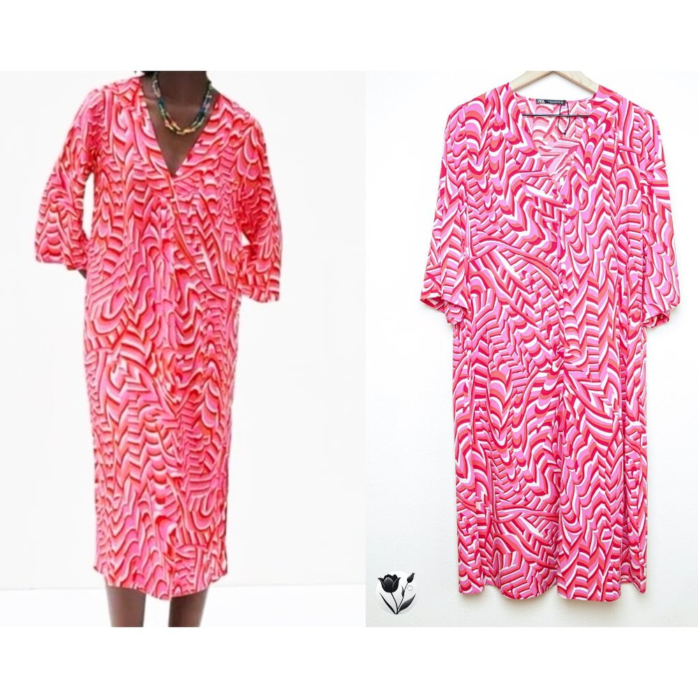 Zara Pink Red Abstract Dress XS V-Neck Midi Summer Resort Blogger